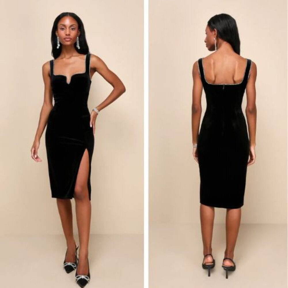Lulus Black Posh Sparkle Velvet Rhinestone Notched Dress Medium 36061